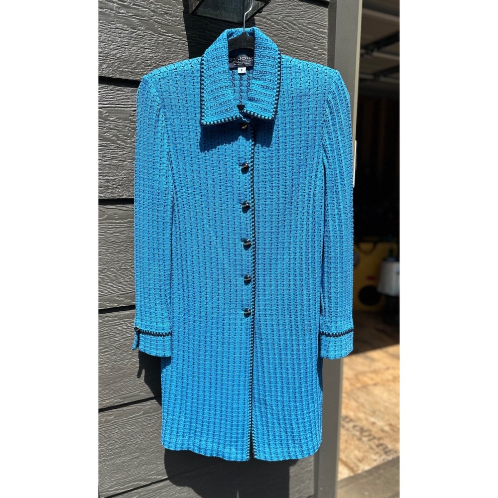 St. John Collection Turquoise Blue Knit Longline Button Front Sweater Dress